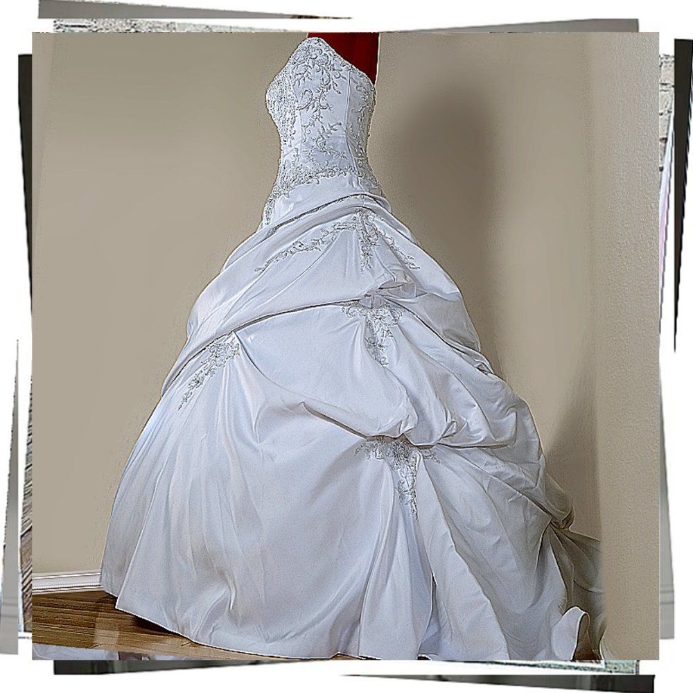 NWOT: Strapless White Satin Victorian Inspired Wedding Gown w/ Crystal & Beading - Picture 5 of 10